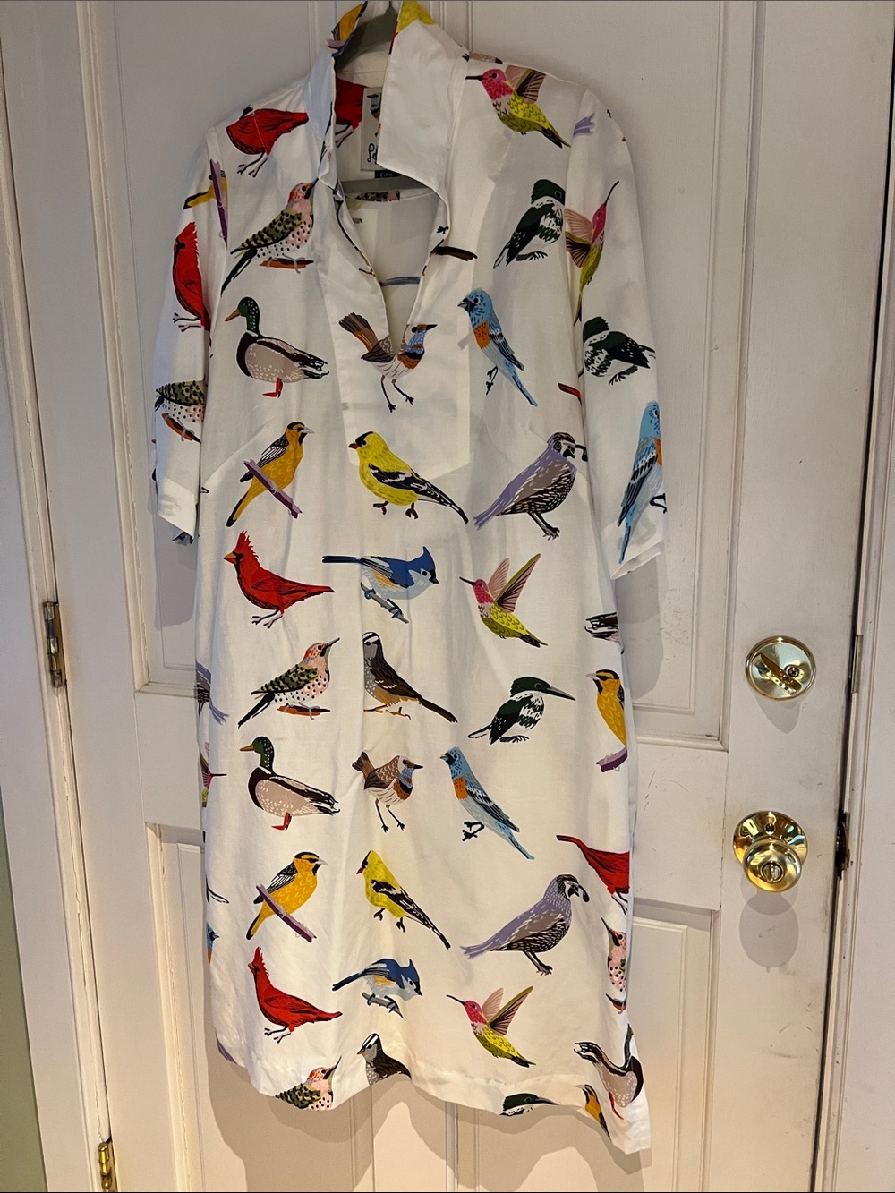 White Midi Shirt Dress with Colorful Bird Print